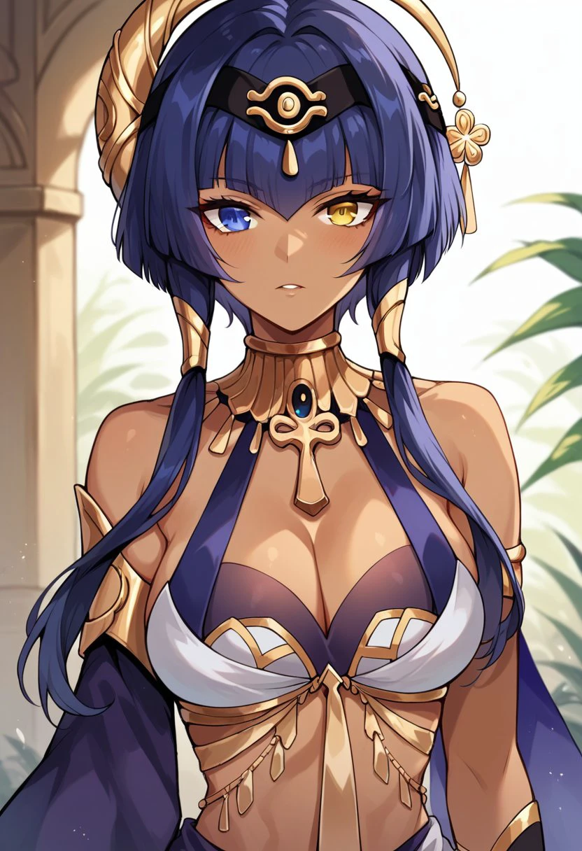 score_9, score_8_up, score_7_up, score_6_up BREAK
portrait, <lora:Candace_Genshin_Impact_PDXL:0.8> candace-dh, dark skin, eye of horus, bangs, blue hair, heterochromia, yellow eyes, blue eyes, jewelry, hair ornament, egyptian clothes, bare shoulders, hairband, detached sleeves, cleavage, sidelocks