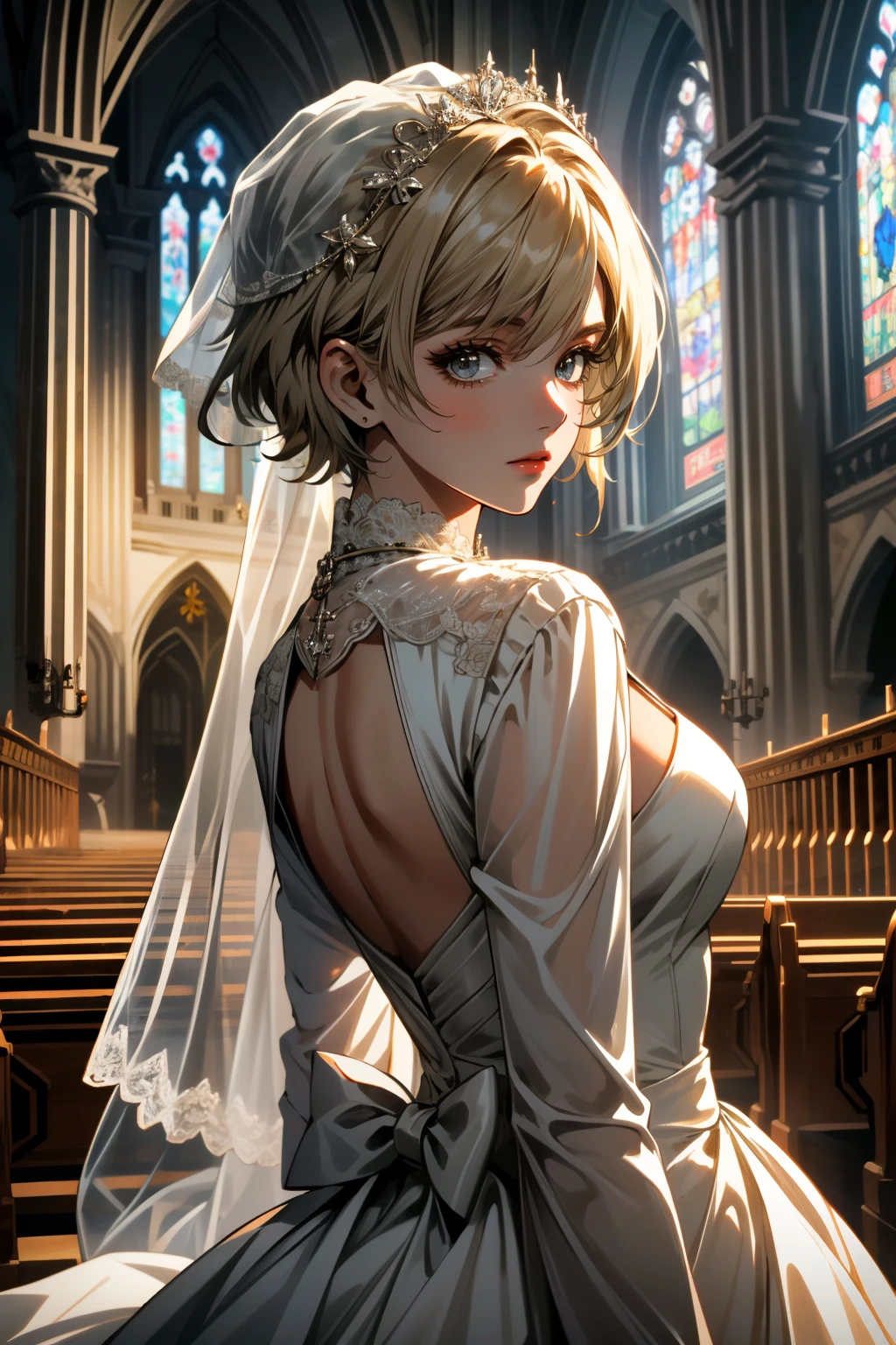 ((ultra detailed, masterpiece, absurdres))
 <lora:RE6Sherry:0.8>
RE6Sherry, 1girl, short hair, blonde hair, looking at viewer, wearing a wedding dress, bridal veil, inside a church