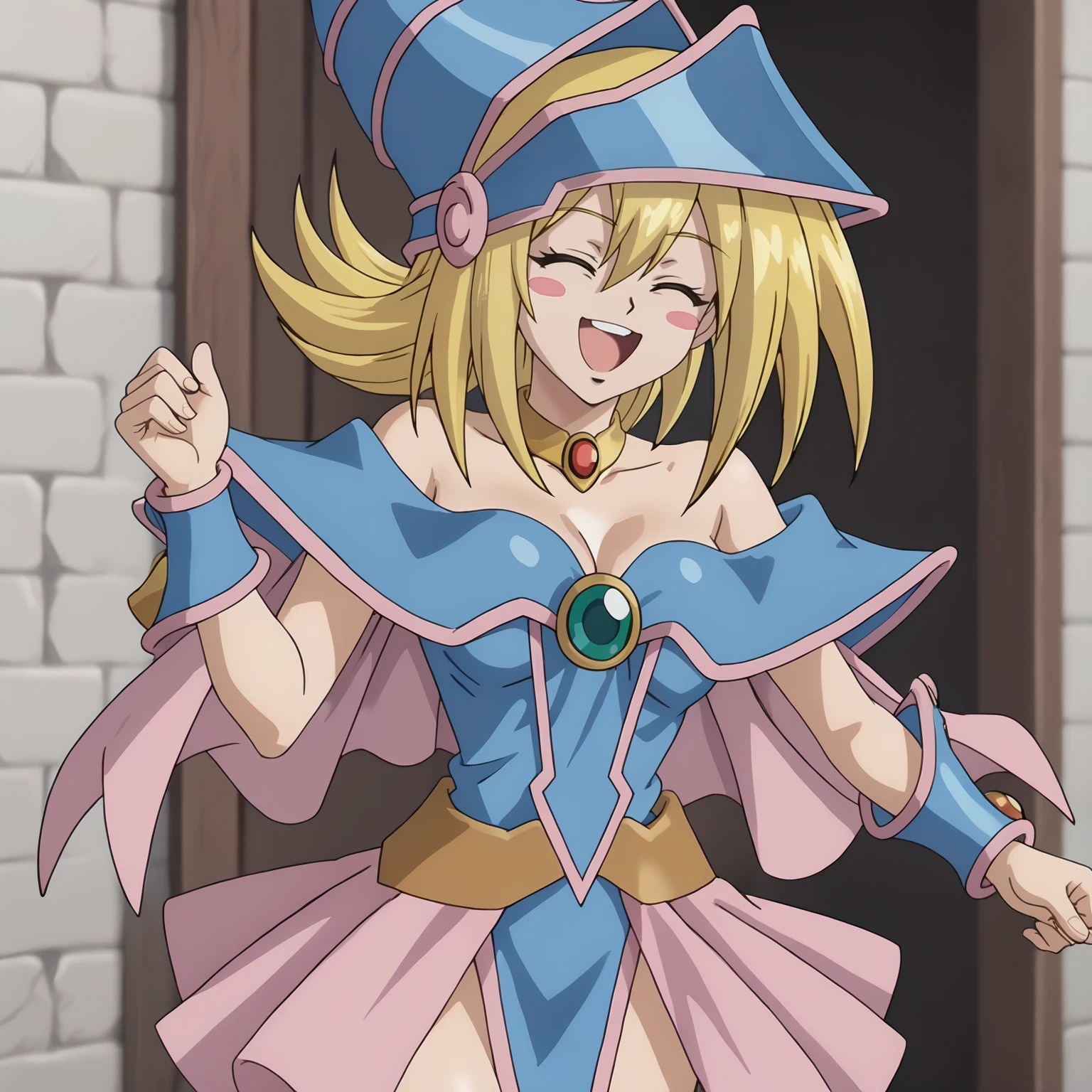 <lora:DarkMagicianGirlXLpony001>,
smile,open mouth,closed eyes,
solo,
DarkMagicianGirl,1girl,blonde hair,blush stickers,
wizard hat,
choker,
bare shoulders,cleavage,capelet,blue dress,see-through,
pink skirt,