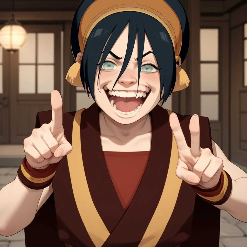 score_9, score_8_up, score_7_up, score_6_up, score_5_up, score_4_up, 1girl, Toph, blind, in a Japanese village, laughing, pointing at the viewer