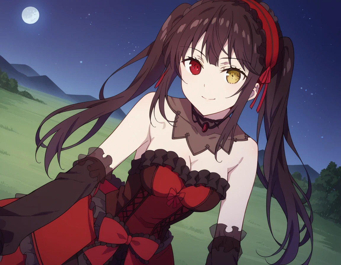 score_9, score_8_up, score_7_up, source_anime,
kurumitokisaki, <lora:kurumi-tokisaki--ponyxl-lora-nochekaiser:1>,
kurumi tokisaki, black hair, red eyes, long hair,
twintails, yellow eyes, hairband, heterochromia, dress, red dress, bare shoulders, collarbone, choker, bowtie, red bowtie, detached sleeves, corset, frills, cleavage,
outdoors, landscape, night, moon, bent over, smile,
solo, dutch angle, looking at viewer, cowboy shot,