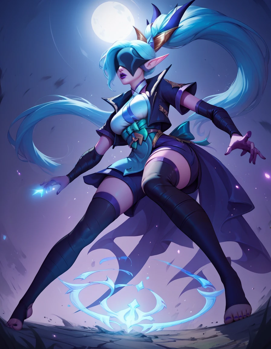 score_9, score_8_up, score_7_up,score_6_up, score_5_up, score_4_up ,1girl, solo,
large breasts,
SBVayneDG,
sbvayneDG,
long hair, elf, purple lips, blue hair, hair ornament, ponytail,
toeless legwear,covered eyes, thighhighs, open jacket, short sleeves, elbow gloves,
battle, fighting stance,
glowing, light particles, night,
from below,
<lora:SB Vayne PonyXL:1>