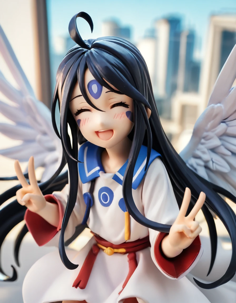 score_9, score_8_up, score_7_up, score_6_up, score_5_up, score_4_up, source_anime,  , Skuld, looking at viewer, blush, smile, open mouth, closed eyes, :d, wings, v, ^_^, feathered wings, double v, angel, facepaint, city