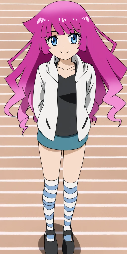 romin, full body, smiling, standing, looking at viewer, casual outfit, white jacket, black top, black-pink striped knee-high socks, hands behind back <lora:romin-000032:0.8>, outside