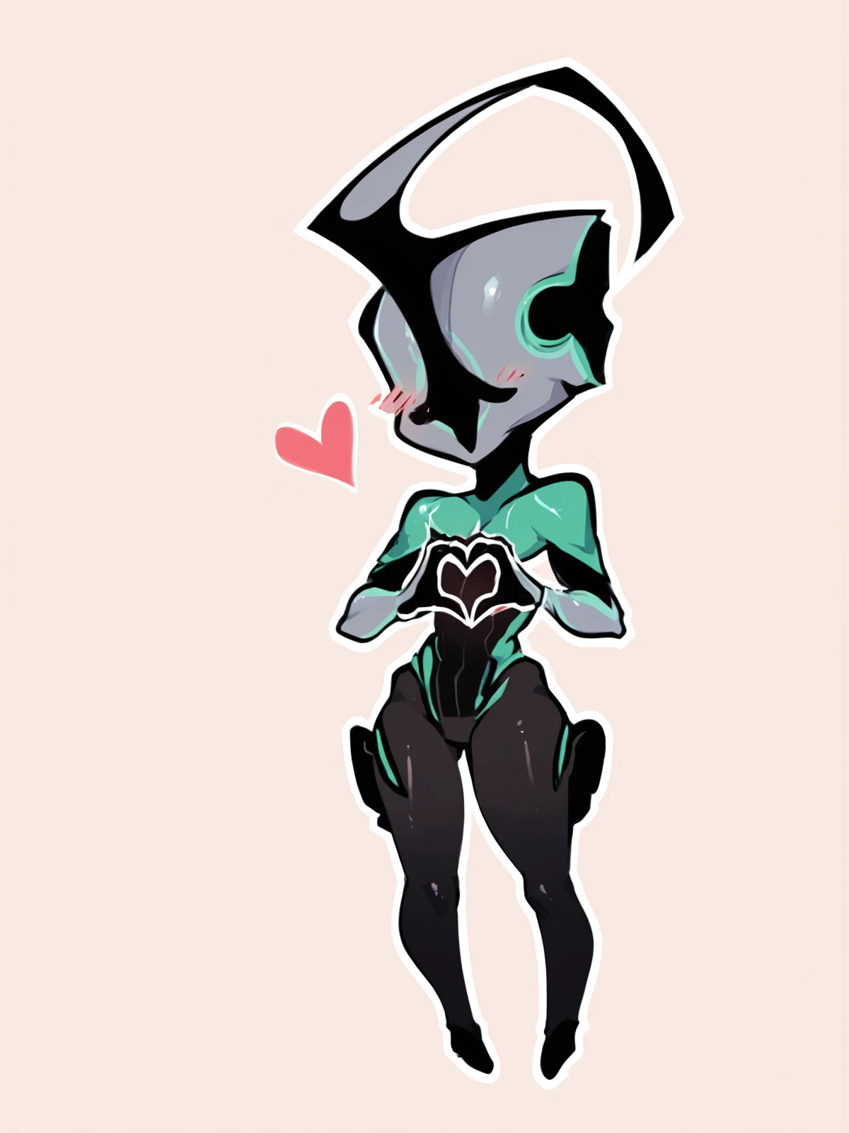 score_9, score_8_up, score_7_up, score_6_up, score_5_up, score_4_up, simple background, chibi, flat colors, solo BREAK
<lora:NyxWF_PDXL-000015:1> NyxWF, grey body, green trim, eyeless, mouthless, looking at viewer, hand heart, heart, standing
