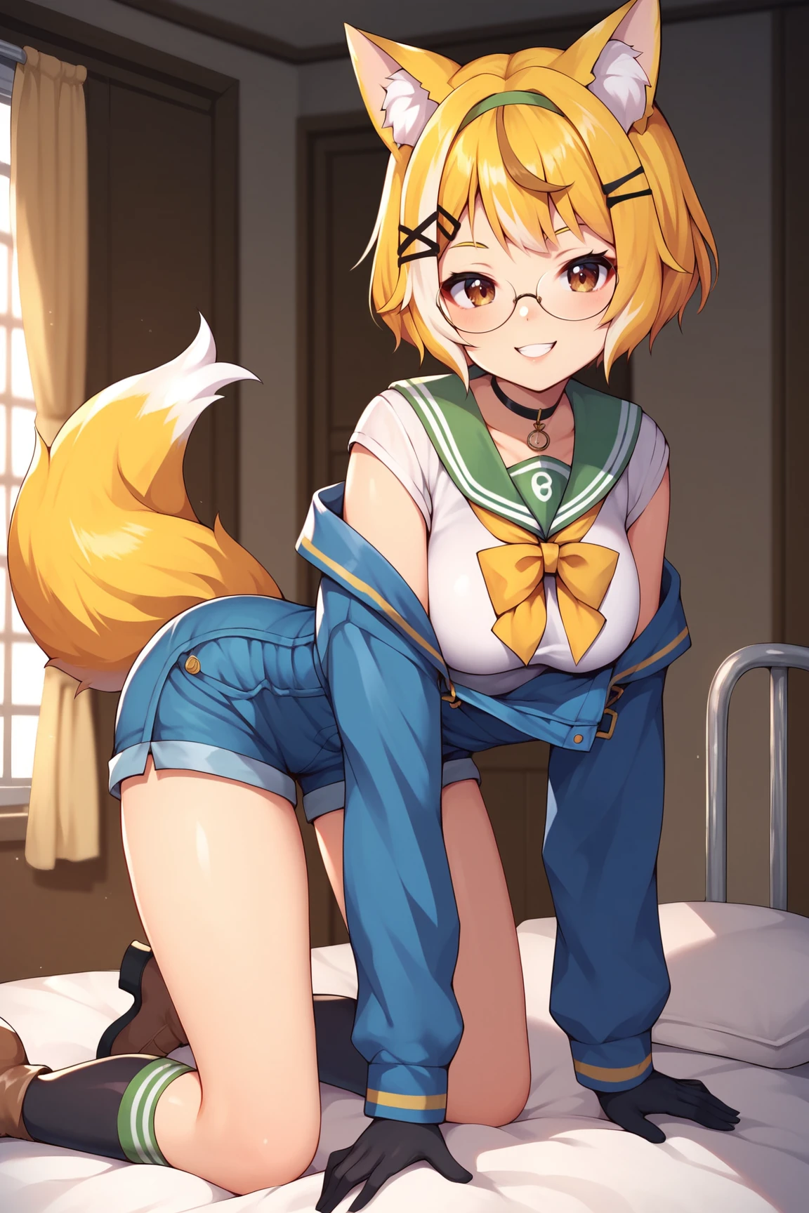 score_9, score_8_up, score_7_up, score_6_up, score_5_up, score_4_up, TriforceMoonVTXL, brown eyes, blonde hair, multicolored hair, short hair, hair ornament, animal ears, glasses, medium breasts, off shoulder, blue jacket, sleeves past writs, serafuku, yellow bowtie, (green sailor collar), school uniform, ((overalls)), black gloves, short jean, tail, asymmetrical legwear, single thighhighs, boots, all fours, seductive smile, looking at viewer, indoors <lora:TriforceMoonVTXL:0.8>