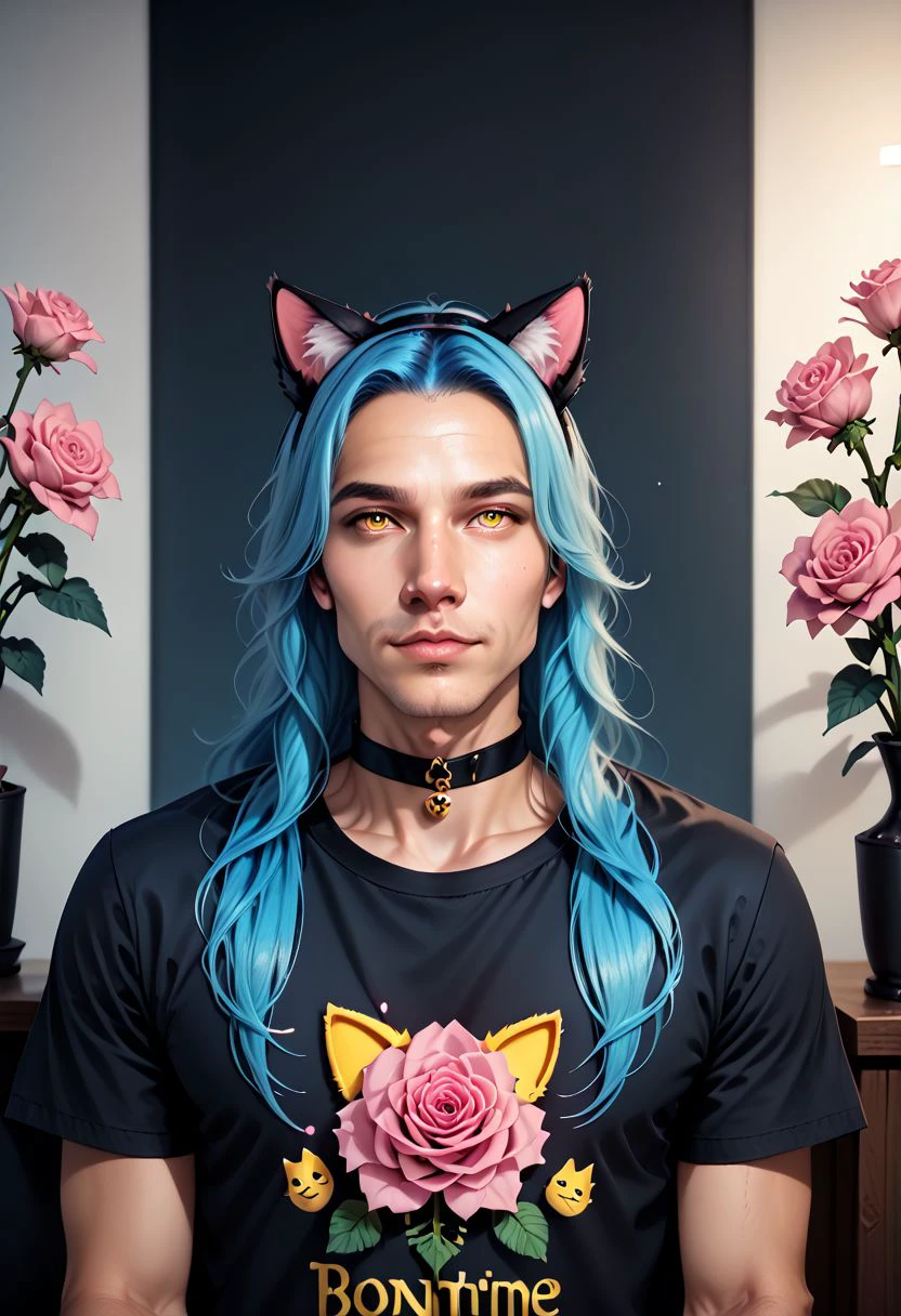 aszkstzz, animal ears, solo, flower, cat ears, rose, realistic, long hair, blue hair, fake animal ears, shirt, choker, t-shirt, male focus, looking at viewer, pink flower, yellow eyes, 1boy, zPDXL