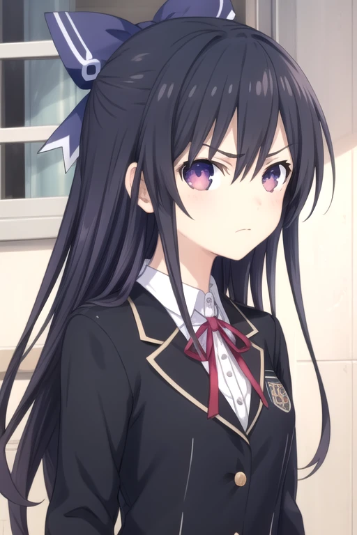 ((masterpiece)),(best quality),official art,extremely delicate and beautiful,extremely detailed CG,unity 8k wallpaper,ultra detailed,beautiful detailed eyes,extremely detailed face,outdoors,1girl,solo,upper body,(portrait:1.5),looking at viewer,facing viewer,frown,Yatogami Tenka,v-shaped eyebrows,long hair,purple hair,floating hair,hair bow,blue bow,hair ribbon,hair between eyes,sidelocks,bangs,purple eyes,school uniform,black jacket,neck ribbon,red ribbon,white shirt,collared shirt,medium breasts,long sleeves,pleated skirt,miniskirt,blue skirt,zettai ryouiki,black thighhighs,loafers,<lora:Yatogami Tenka(dal)>,<lora:TSNeptunia-000045:0.5>,