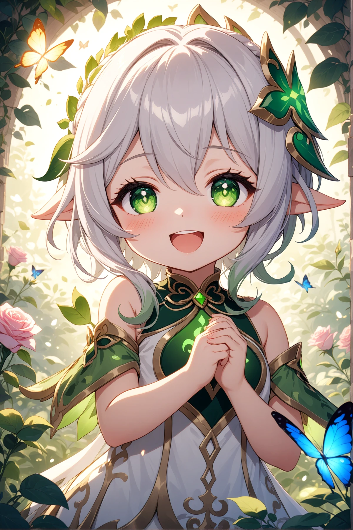 1girl, nahida, genshin impact, nose blush, beautiful smile, open mouth, close up, abstract, flower, leaf, vine, garden, butterflies, glowing, iridescent glow, bioluminescent, roses, masterpiece, best quality, very aesthetic, absurdres, newest, intricate details, ai generated, intricate