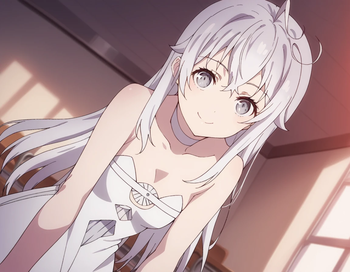 score_9, score_8_up, score_7_up, source_anime,
hibikihigoromo, <lora:hibiki-higoromo-movie-ponyxl-lora-nochekaiser:1>,
hibiki higoromo, long hair, bangs, white hair, grey eyes, ahoge,
dress, bare shoulders, choker, white dress, strapless, strapless dress,
indoors, classroom, bent over, smile,
solo, dutch angle, looking at viewer, cowboy shot,
