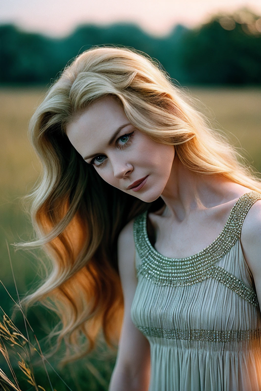 NicoleK_SoloTI_v1, PA7_Portrait-MCU,
(Draped in flowing layers of earth-toned fabrics, accessorized with beaded jewelry), (In a sun-drenched meadow, with wildflowers swaying in the breeze and the distant sound of acoustic music carrying through the air:1.3), (seductive:1.3),(analog, cinematic, film grain, hazy atmosphere, cinematic shot:1.3),
<lora:add_detail:0.6>,<lora:LowRa:0>