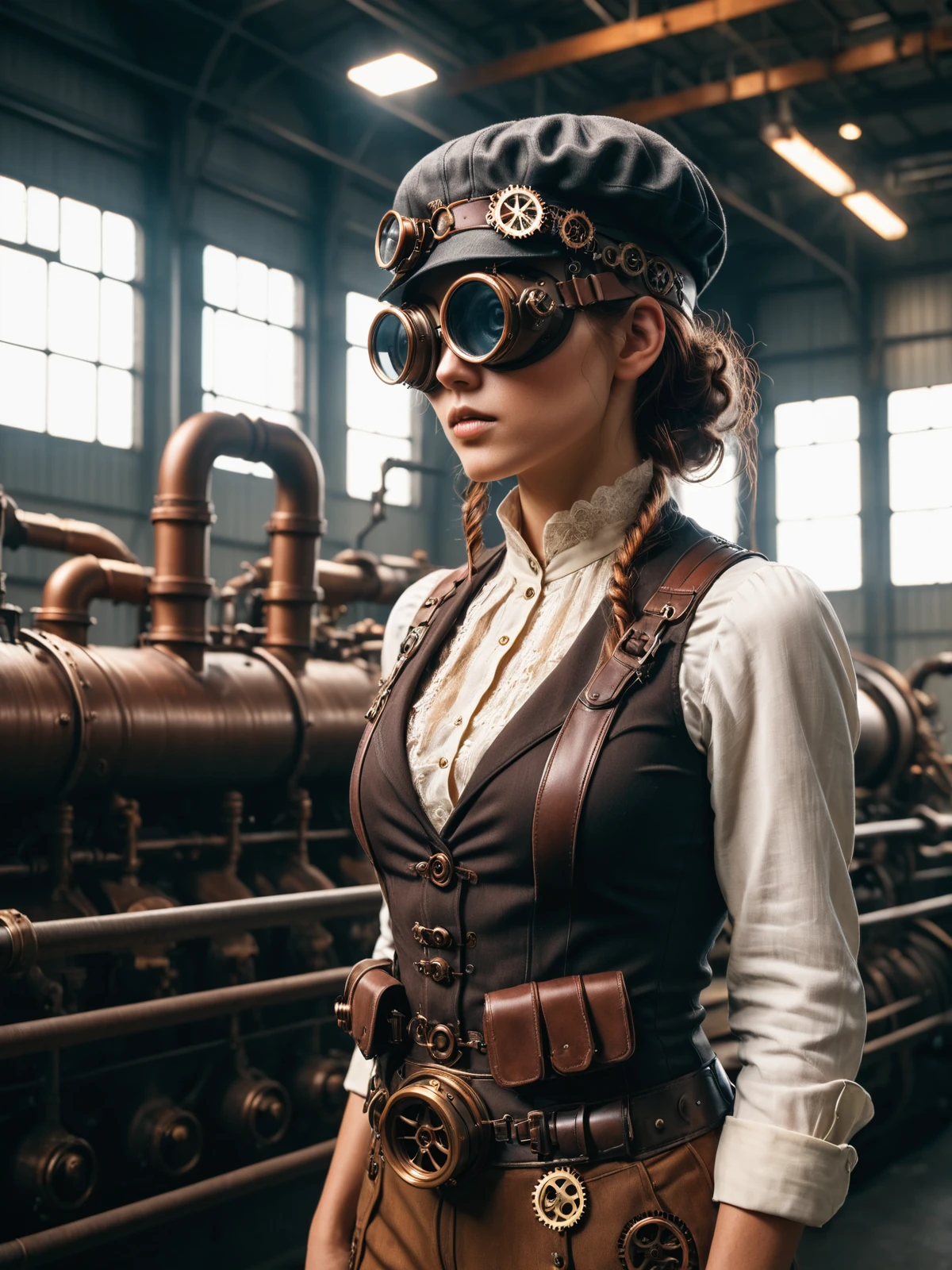 woman wearing a mad-stpk-ggls goggles and mad-stpk-flcp flatcap, steampunk, factory, pipes, tanks, steam, <lora:Gearbound_Steampunk_Chic_2_SDXL:0.9>, raw photo, film grain, Fujifilm XT3, (photorealistic, realistic:1.2), deep shadow, 8k, uhd, dslr, ultra high res