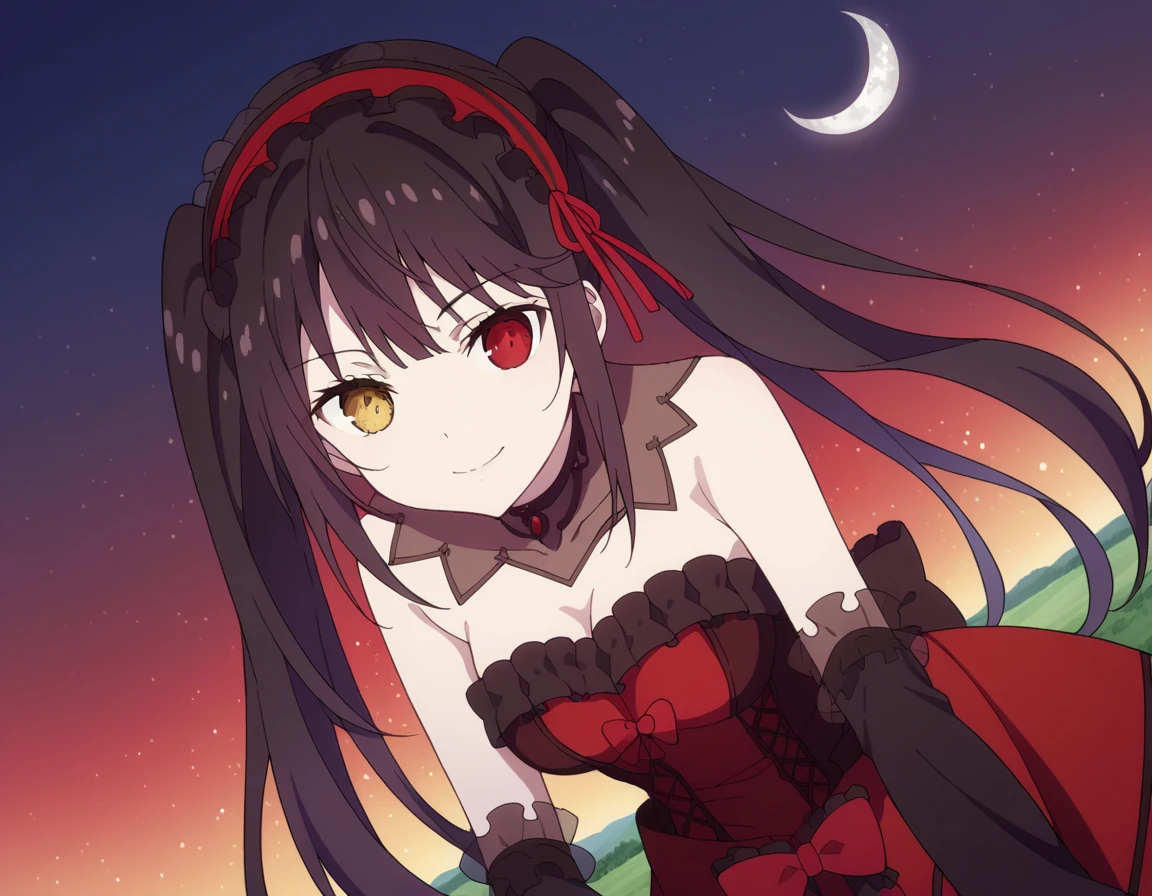score_9, score_8_up, score_7_up, source_anime,
kurumitokisaki, <lora:kurumi-tokisaki--ponyxl-lora-nochekaiser:1>,
kurumi tokisaki, black hair, red eyes, long hair,
twintails, yellow eyes, hairband, heterochromia, dress, red dress, bare shoulders, collarbone, choker, bowtie, red bowtie, detached sleeves, corset, frills, cleavage,
outdoors, landscape, night, moon, bent over, smile,
solo, dutch angle, looking at viewer, cowboy shot,