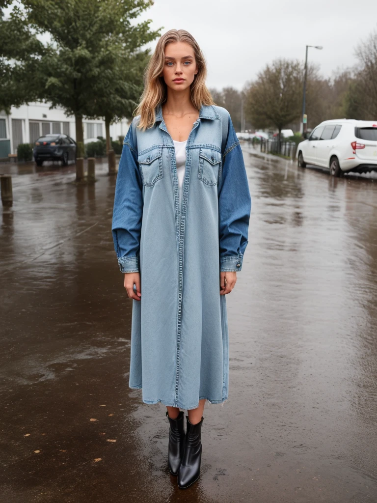 <lora:quiron_Lauren DeGraaf_v1130_Lora:0.77> laurendegraafquiron, laurendegraaf, solo, lips, realistic, blue eyes, (realistic texture skin), sidelighting, best shadow, RAW, (Dutch angle),
wet clothes, outdoor, rain, pouring rain, Flowy midi dress, oversized denim jacket, ankle boots,
