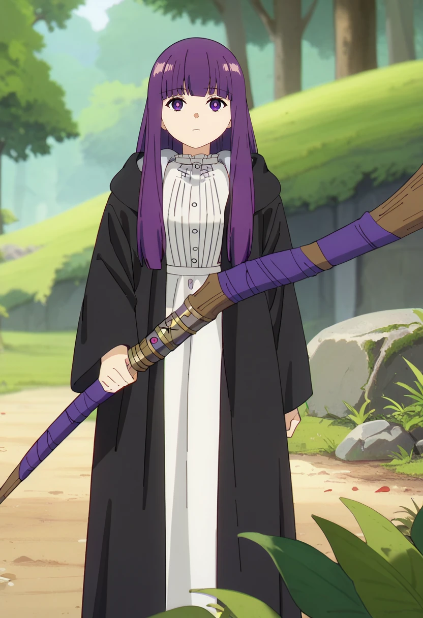 score_9, score_8_up, score_7_up,
<lora:SousouNoFrieren_FernXL:0.9>, FernSSnF,
1girl, solo, closed mouth,
purple hair, long hair, purple eyes, bright pupils, blunt bangs,
FernCasual, white dress, black robe, open clothes, hood, frilled collar, holding staff,
standing, looking at the viewer,
fantasy, medieval, photo background, forest, tree, moss, stream, stone, leaf, maple tree, grass, nature, blurry background