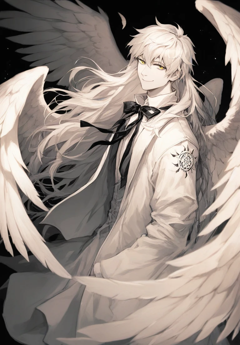 (score_9, score_8_up:1.1), score_7_up, masterpiece, <lora:Ayin_Project_Moon:1>,AyinPM, 1girl, solo, long hair, looking at viewer, smile, simple background, 1boy, dress, ribbon, monochrome, yellow eyes, white hair, wings, wide sleeves, black ribbon, tattoo, neck ribbon, black background, feathered wings, angel wings, white wings, multiple wings