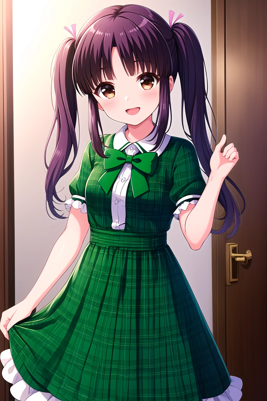 (masterpiece, best quality), highly detailed background, perfect lightingbest quality, nanamishiki, solo, indoors, purple hair, twintails, parted bangs, blunt bangs, long hair, brown eyes, small breasts, green dress, plaid dress, red bowtie, puffy short sleeves, frills, smile, open mouth, :d, pink lips, <lora:Nanami-Shiki:0.7>