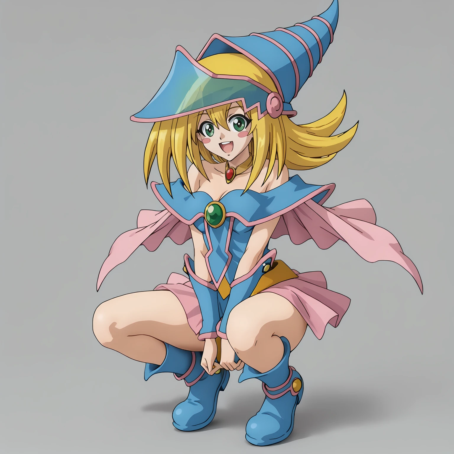 <lora:DarkMagicianGirlXLpony001>,
smile,open mouth,
solo,
DarkMagicianGirl,1girl,blonde hair,blush stickers,green eyes,
wizard hat,
choker,
bare shoulders,cleavage,capelet,dress,see-through,
pink skirt,
blue footwear,boots,
full body,squatting,