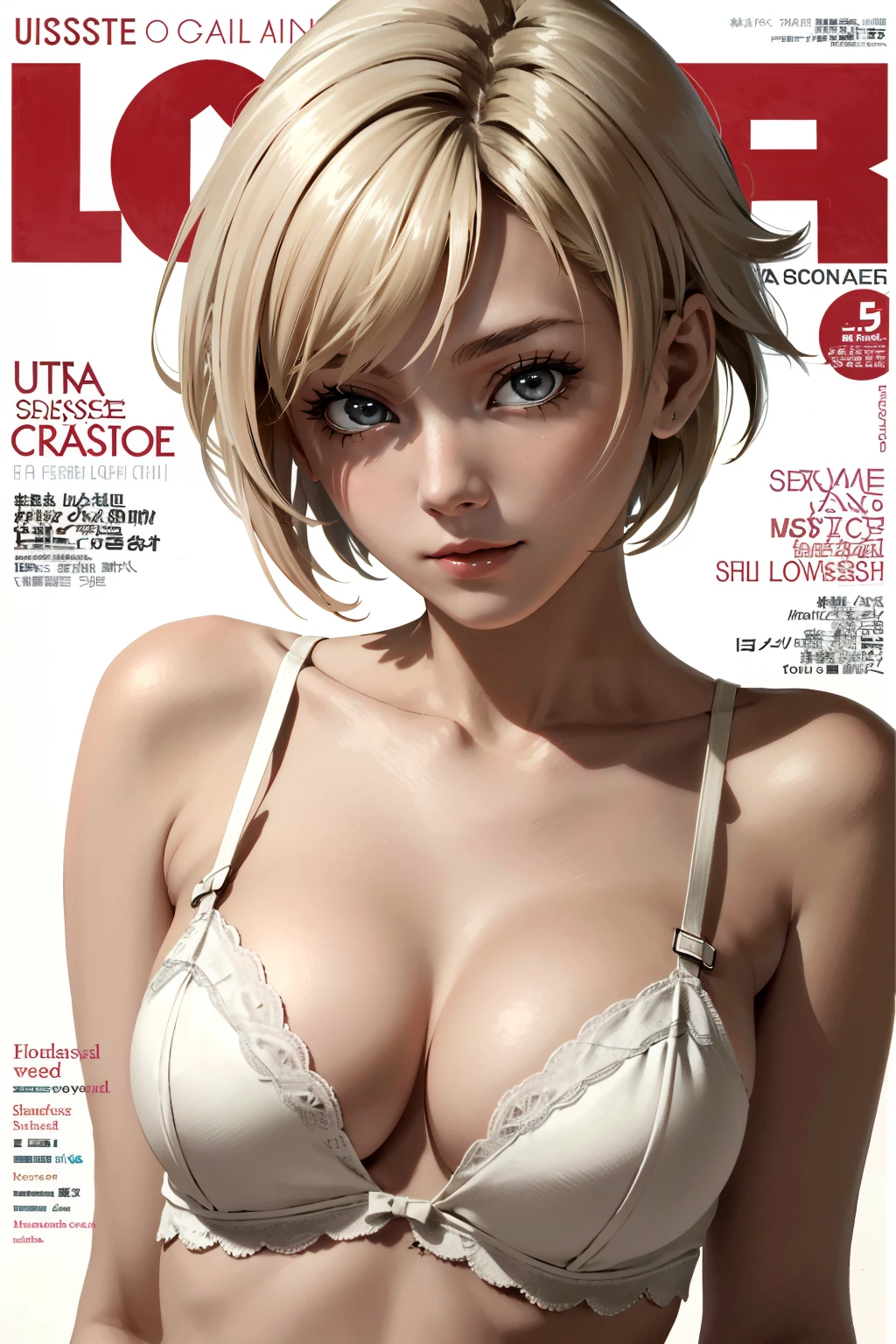 ((ultra detailed, masterpiece, absurdres))
 <lora:RE6Sherry:0.8>
RE6Sherry, 1girl, short hair, blonde hair, looking at viewer, lingerie, magazine cover