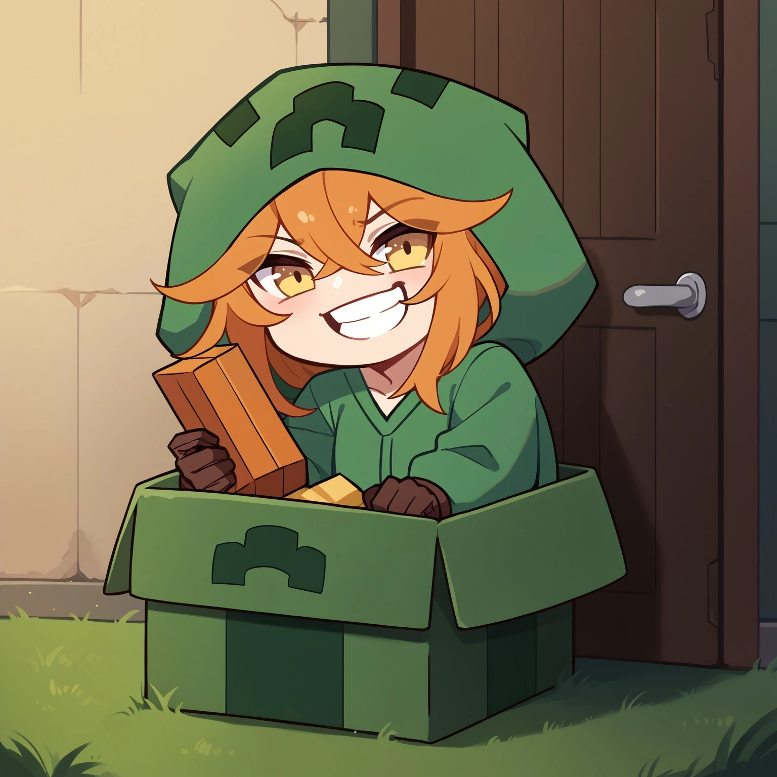 b0xe,chibi, in box,sitting,
mtcupa, orange hair, yellow eyes, green hoodie, hood, long sleeves, brown gloves, green thighhighs, grin, open door, dark background, outdoors,
BREAK
score_9,score_8_up,score_7_up, <lora:boxed_potat_v1:1>  <lora:mobtalker_creeper_ponyXL:1>