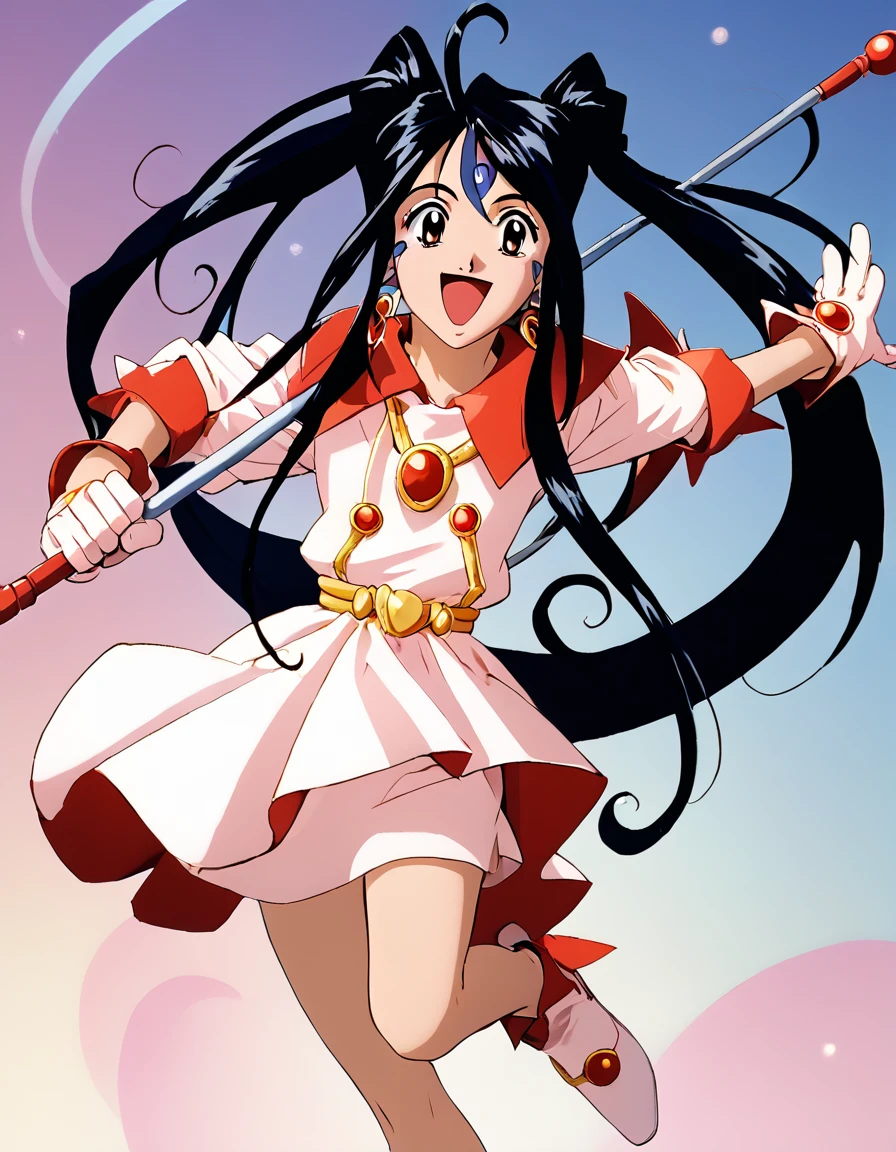 score_9, score_8_up, score_7_up, score_6_up, score_5_up, score_4_up, source_anime,  , Skuld, looking at viewer, smile, open mouth, gloves, twintails, jewelry, full body, :d, earrings, white gloves, magical girl, staff, wand, retro artstyle, 1990s (style)