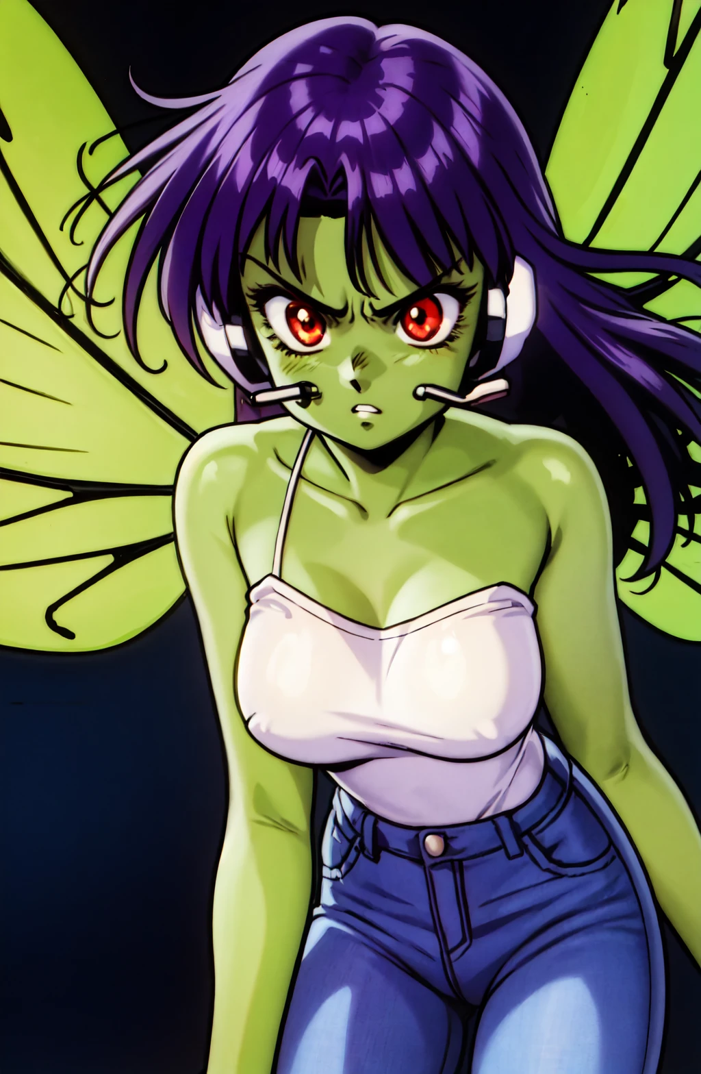 1990s (style), retro, crolisproject, 1girl, red eyes, green skin, parted lips, angry face, long hair, purple hair, fringe, glass dragonfly wings, headband, headset, oversized t-shirt, bare shoulders, jeans, <lora:Greenpeace_Crolis:0.6>