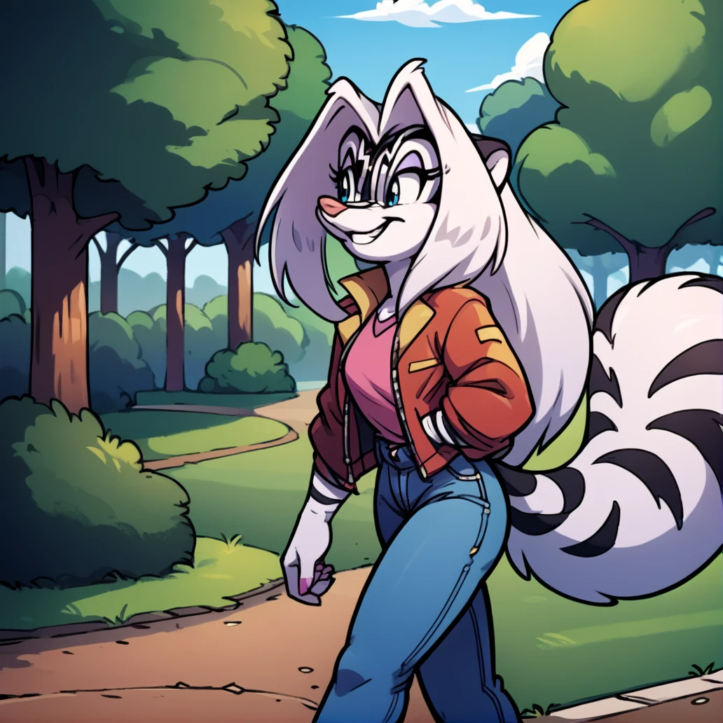 score_9, score_8_up, score_7_up, score_6_up, score_5_up, score_4_up, (Source furry), (rating safe), <lora:Zigzag:1>, zigzag, 1girl, solo, long hair, furry female, white fur, facial mark, white hair, animal nose, striped fur, black stripes, outdoors, tail, walking in park, trees, grass, clouds, jacket, jeans, blue eyes, smile,  <lora:CitronAnimeTreasure:1>