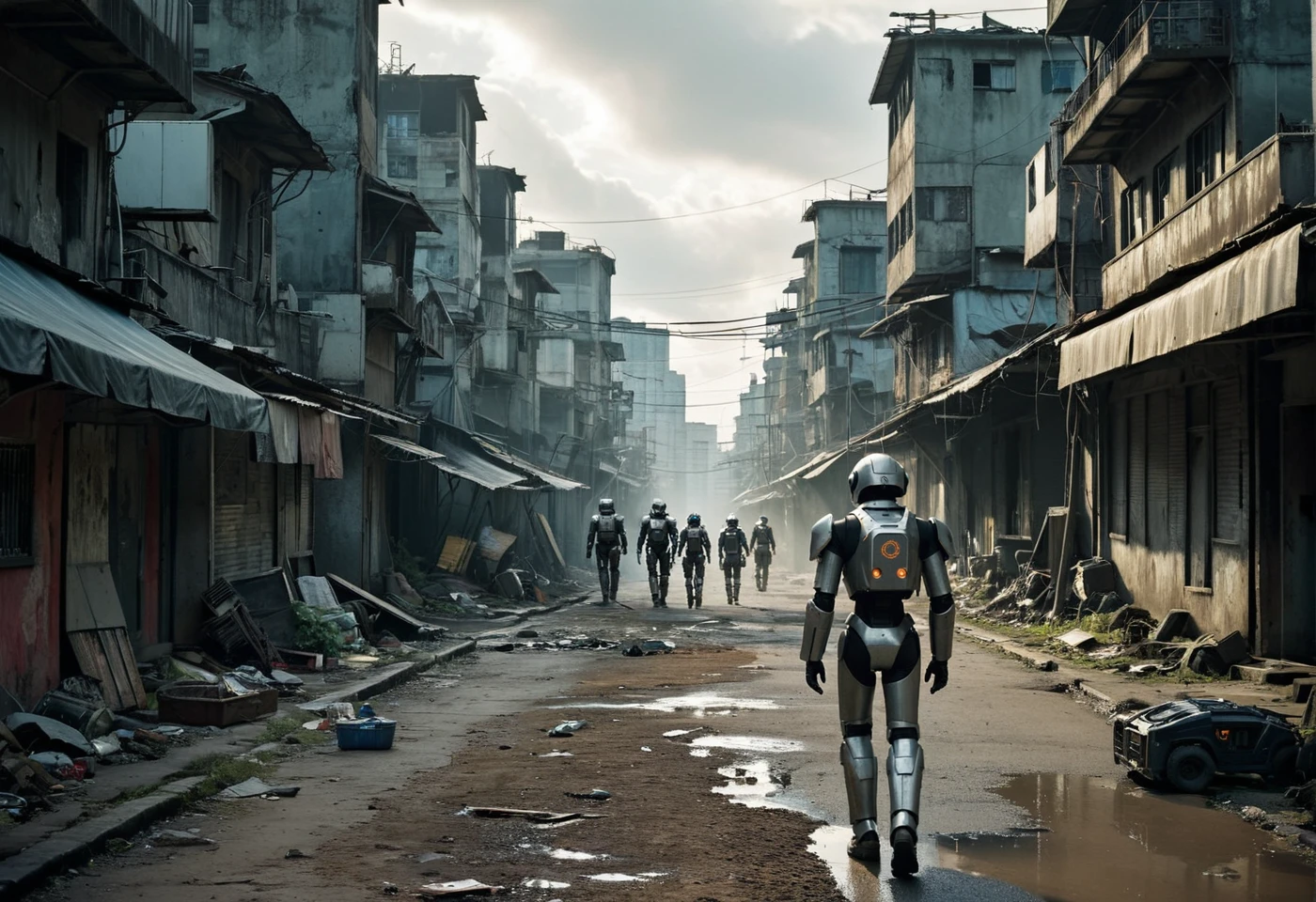a high-ranking cybernetic autonomous agent with primitive robots moves in a column along the street among the futuristic slums of the distant future, the column of synthetic actors is seen off by angry and dissatisfied residents of the abandoned quarters of a gloomy metropolis
BREAK Lower city scavengers, tattered robes, soiled faces. Picking through refuse heaps, rust and decay. Scanning for salvageable metals, usable circuitry. Children underfoot, emaciated frames, hollow eyes. Makeshift tools, crude shovels, bare hands. Occasional find, discarded device, valuable component. Scrutinizing each scrap, desperate hunger for resources.
BREAK Coughing fits, toxic fumes, acrid stench. Watchful drones overhead, impassive robotic overseers.Backbreaking toil, bleak survival, glimmers of hope.
BREAK (from_below:1.3), (realistic raw photograph, shallow depth of field with strong swirly bokeh effect:1.1), analog film grain and analog film physical effects simulation, light leaks and sun flares, ( tessellation:0.9), (surreal ethereal otherworldly scenery:1.15), (lifelike,crisp,precise:1.1)