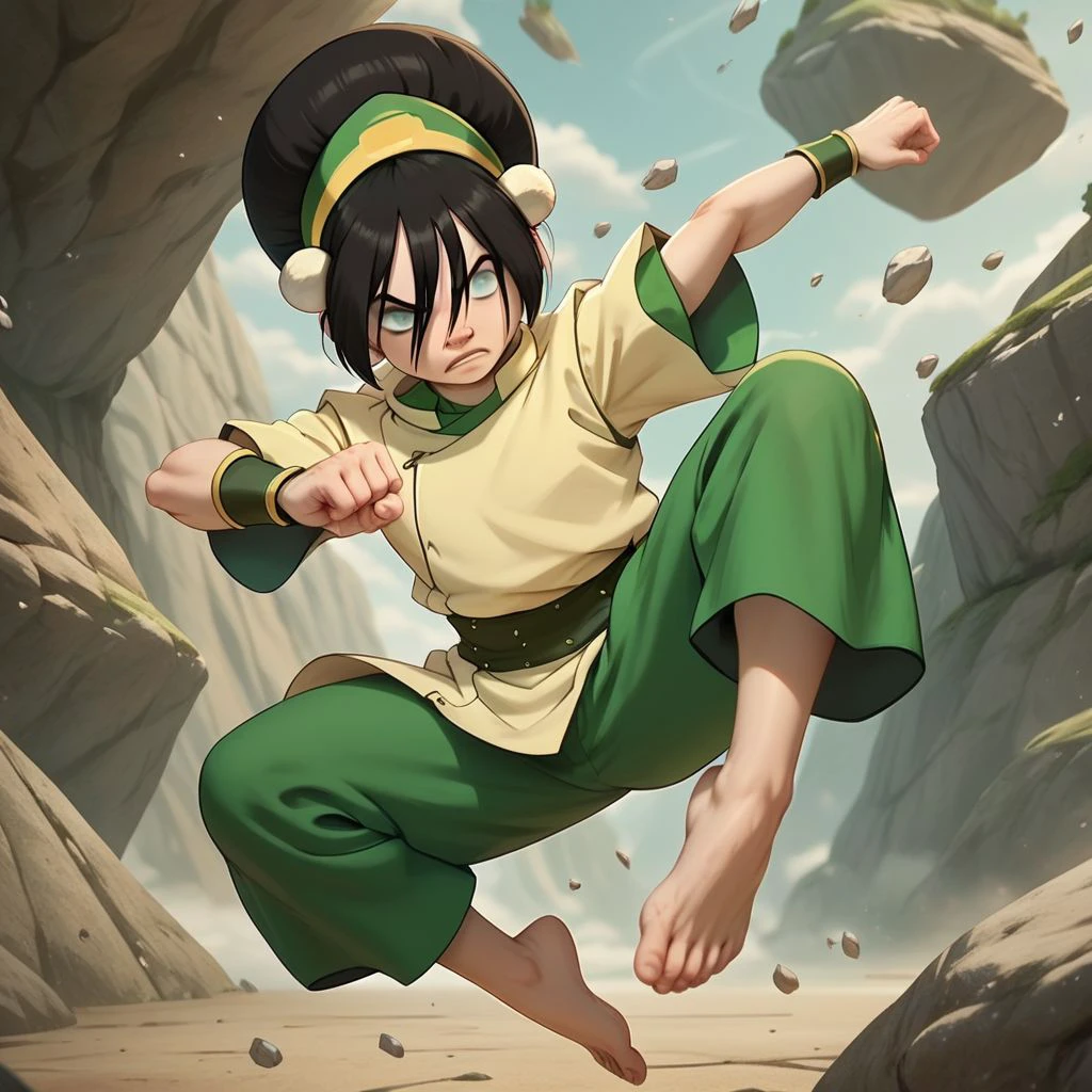 score_9, score_8_up, score_7_up, score_6_up, score_5_up, score_4_up, 1girl, Toph, blind, fighting stance, surrounded by floating rocks, flying rocks, barefoot, rocky terrain