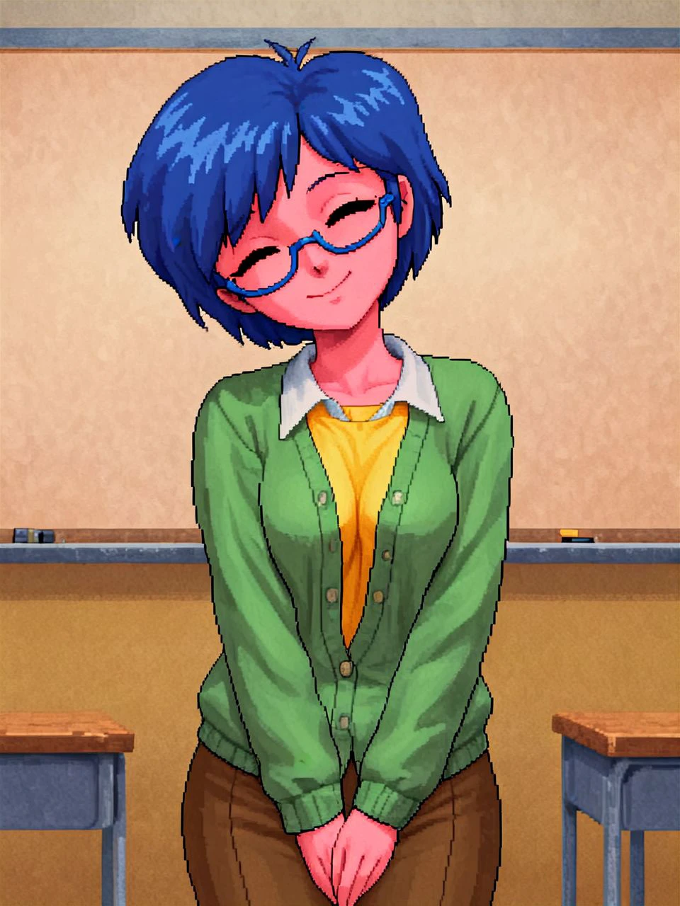 score_9, score_8_up, score_7_up, score_6_up, score_5_up, score_4_up, BREAK <lora:mrsFunn13TV_PDXL:1.0> mrsFunn13TV, pink skin, dot eyes, black eyes, short hair, perm, blue hair, semi-circular eyewear, yellow shirt, green cardigan, brown pants, happy, eyes closed, head tilt, standing, hands between legs, classroom, <lora:retro_pcgame_style_XL(animagine):1> pc98, retro artstyle, pixel art