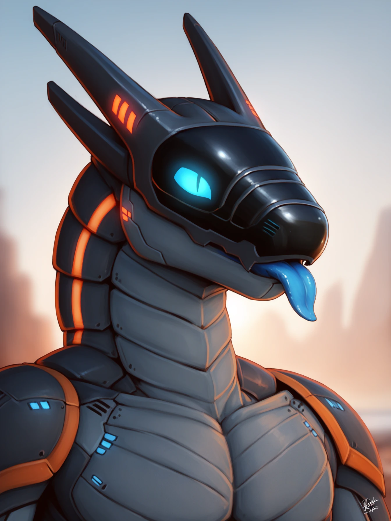 score_9, score_8_up, score_7_up, solo, anthro, male,
(grey body:1.2), orange body, blue eyes, glowing eyes,
glistening body, textured body,
synth \(vader-san\), synthspecies, synthhead,
bust portrait,
two tone body,
orange jaw, orange chest, tongue out, blue tongue, glowing tongue,
(2 horns, black horn, ridged horn:1.1),
outside, alien planet
, (detailed background, amazing background:1.05),
(slit pupils:1.1),
(photorealism, hdr, realistic, realism:1.1), depth of field,
dramatic lighting, side lighting,