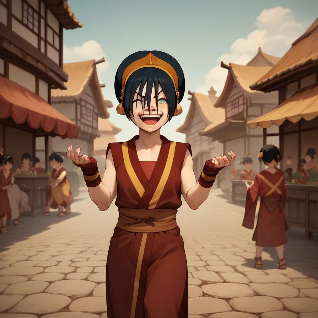 score_9, score_8_up, score_7_up, score_6_up, score_5_up, score_4_up, 1girl, Toph, blind, in a Japanese village, laughing