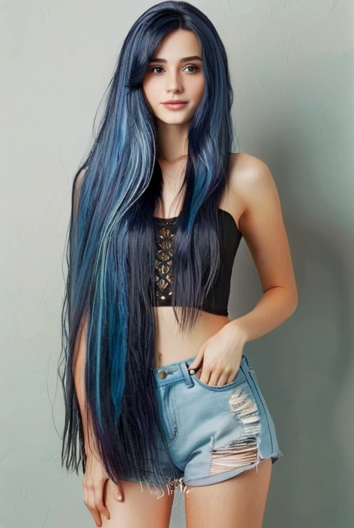 masterpiece, highly detailed, 1girl, casual clothing, blue hair, super long hair <lora:super_long_hair_xl:1>
