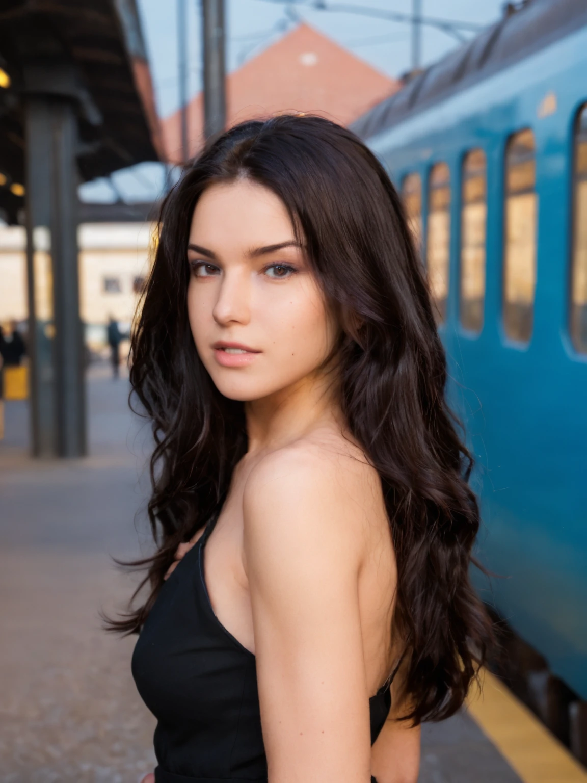 masterpiece,best quality,8K RAW,a photo of M3tz,woman,black dress,at a train station,(long black hair:1.2),(face focus:1.4),<lora:Metz_test_XL-000004:1>,