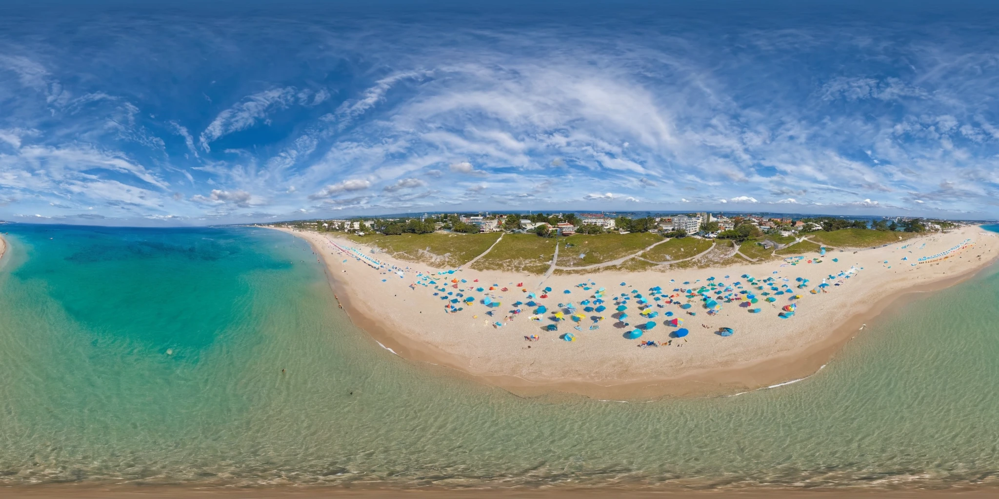 <lora:HMSGèªæå
¨æ¯XL:1>,360panorama,Centered Horizon,No seams,<lora:å
å½±XL:1>,An aerial view of a beach during the day,where the golden sands meet the turquoise embrace of the sea. The shoreline is a collage of beachgoers,colorful umbrellas,and playful waves that kiss the coast. Footprints in the sand create a narrative of the day's joy and activity,while the sun above bathes the scene in a warm,radiant glow. From this perspective,the beach appears as a slice of paradise,a place where the land celebrates its union with the ocean under the clear blue sky,