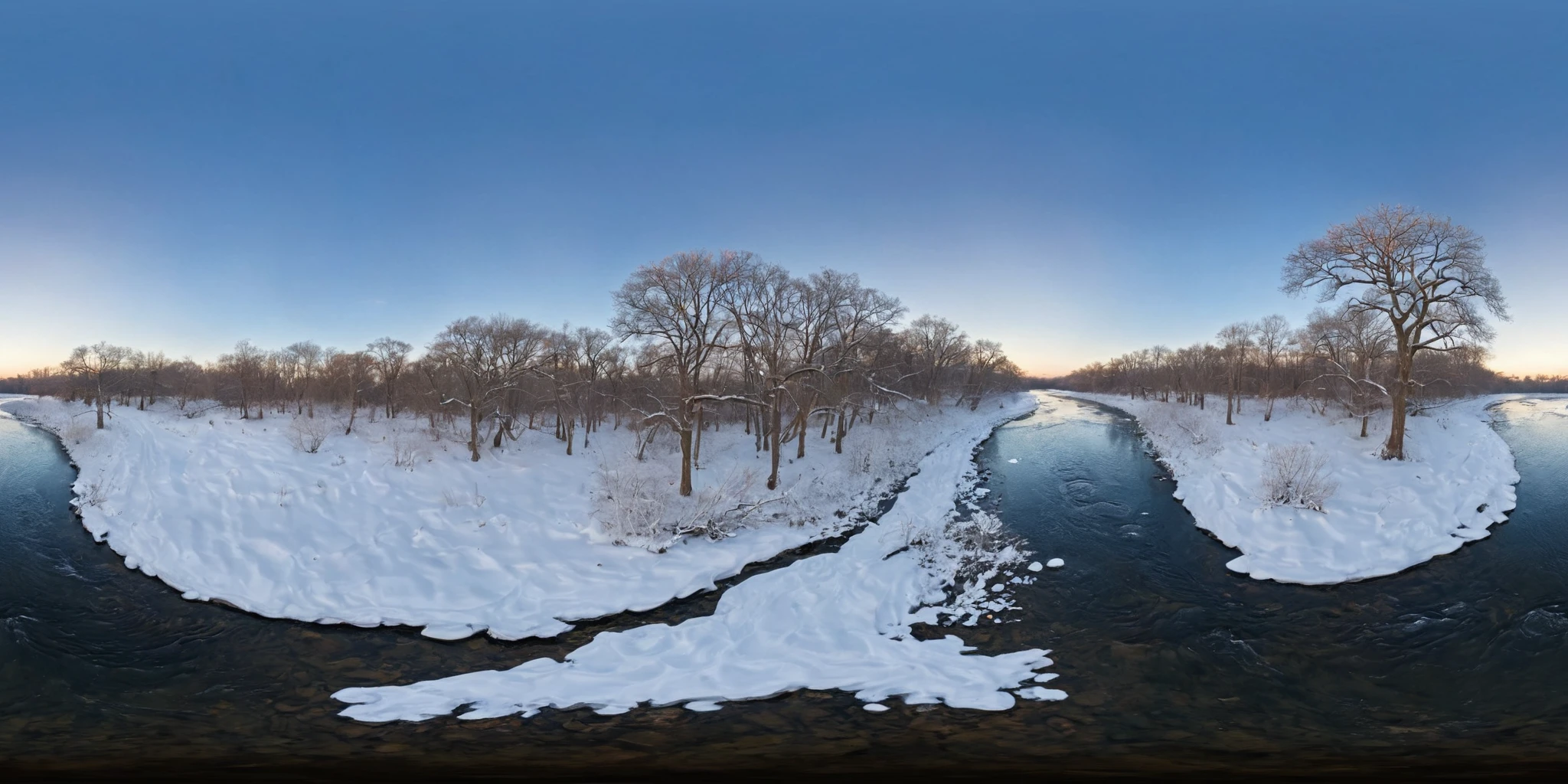 <lora:HMSGèªæå
¨æ¯XL:1>,360panorama,Centered Horizon,No seams,<lora:å
å½±XL:1>,A serpentine river meandering through a forest cloaked in pristine snow. The contrasts are striking - the dark, flowing waters of the river cut through the white expanse, creating a natural tapestry that is both serene and dynamic. Trees, their branches heavy with snow, stand as silent sentinels on either side of the riverbank. The scene captures the tranquil beauty of winter, where nature's elements converge in a peaceful harmony, untouched by the bustle of the world outside