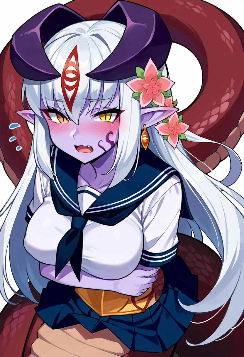 score_9_up, source_8_up, source_7_up, source_anime, Alice, face marking, breast marking, thigh marking, arm marking, purple skin, hair flower, large breasts, yellow eyes, horns, hair ornament, pointy ears, long hair, blush, slit pupils, fang, white hair, jewelry, open mouth, flying sweatdrops, 1girl, earrings, school uniform, serafuku,looking at viewer, lamia, scales, = =, <lora:alipheese_fateburn_xvi-XL-V1:1>