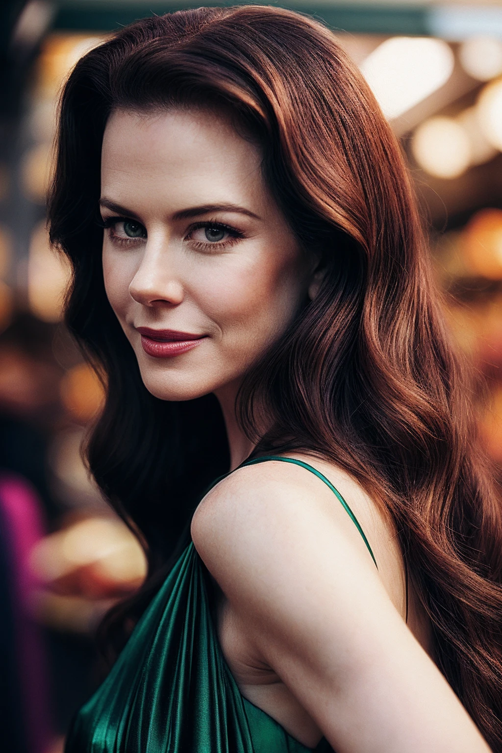 Liv Tyler with wavy hair covered in Hulk posters all over her body and naked with a smile