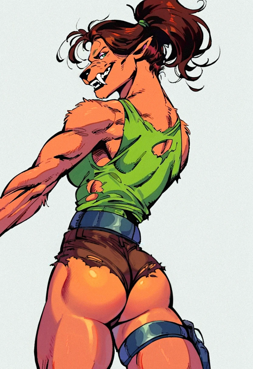 score_9, score_8_up, score_7_up, score_6_up, score_5_up, score_4_up, furry, a female werewolf dressed as Lara Croft, torn clothing, pointy ears, wolf nose, furry arms, claws, fangs, muscular, strong thighs, ass focus, from behind, looking back, looking at viewer, clenched fists, standing, cowboy shot, brown hair, ponytail, mint green tank top, brown shorts, black leather belt, micro shorts, black fingerless gloves, thigh holster, blue eyes, upright pose, white background, simple background, hatching (texture), marker (medium), retro artstyle, <lora:j_lee_xmen-06:1>