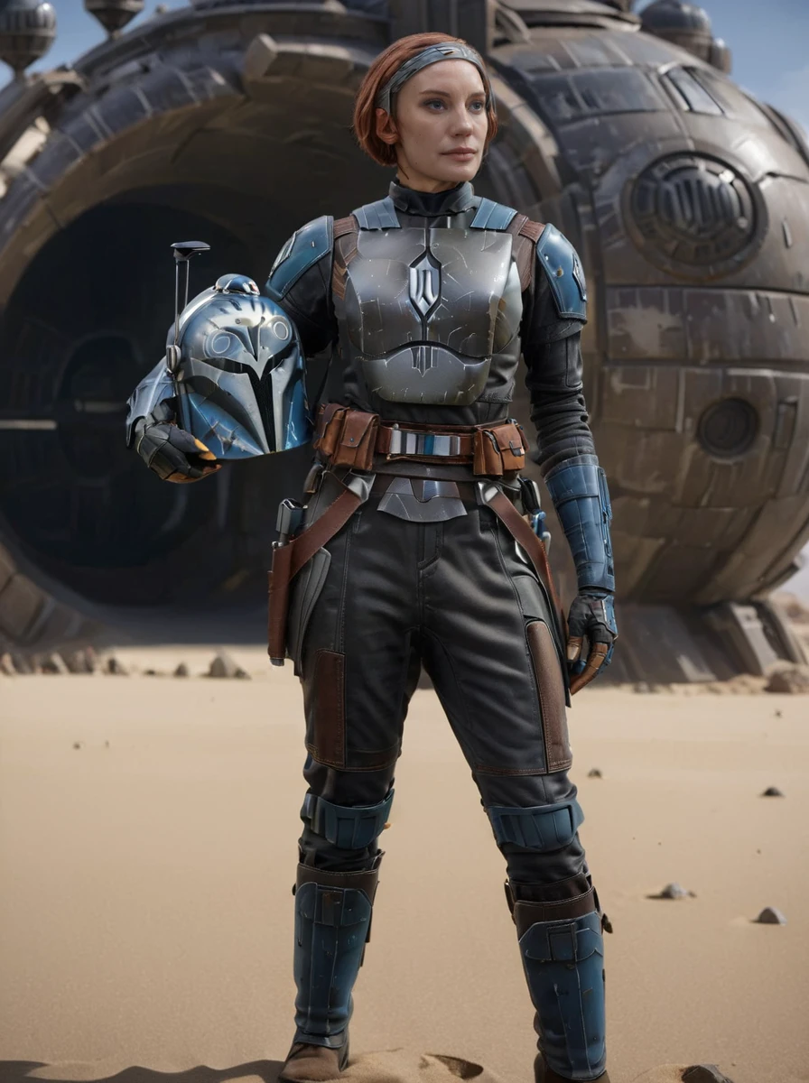 (full body1.5) Hyper-realistic shot of Bo-Katan Kryse Mandalorian <lora:Bo-Katan_Kryse_Mandalorian_Queen:0.8> holding a helmet with owl logo, weathered and rugged armor with brown leather boots, intense gaze, furrowed brow, dramatic shadows, worn body armor with intricate details, (((dynamic action pose shooting a handgun))), 8k uhd, dslr, soft lighting, high quality, background of star wars desert planet, intricate details, masterpiece, trending on artstation, realistic, Cinematic, epic, action packed, incredibly detailed and realistic, magnificent, vignette, high budget, bokeh, moody, sharp, highly detailed, concept art, realistic hands, dynamic pose, dynamic shot, fantastic location, majestic cluttered environment, 8k unity render, action shot, skin pores, detailed, detailed face, (vibrant, photorealistic, realistic, dramatic, dark, sharp focus, 8k), (intricate:1.5), (highly detailed:1.4), octane render, sharp focus, art by artgerm, (loish:0.23) , wlop ilya kuvshinov, and greg rutkowski and alphonse mucha gracias, (global illumination, studio light, volumetric light), <lora:katee sackhoff v1a:1>