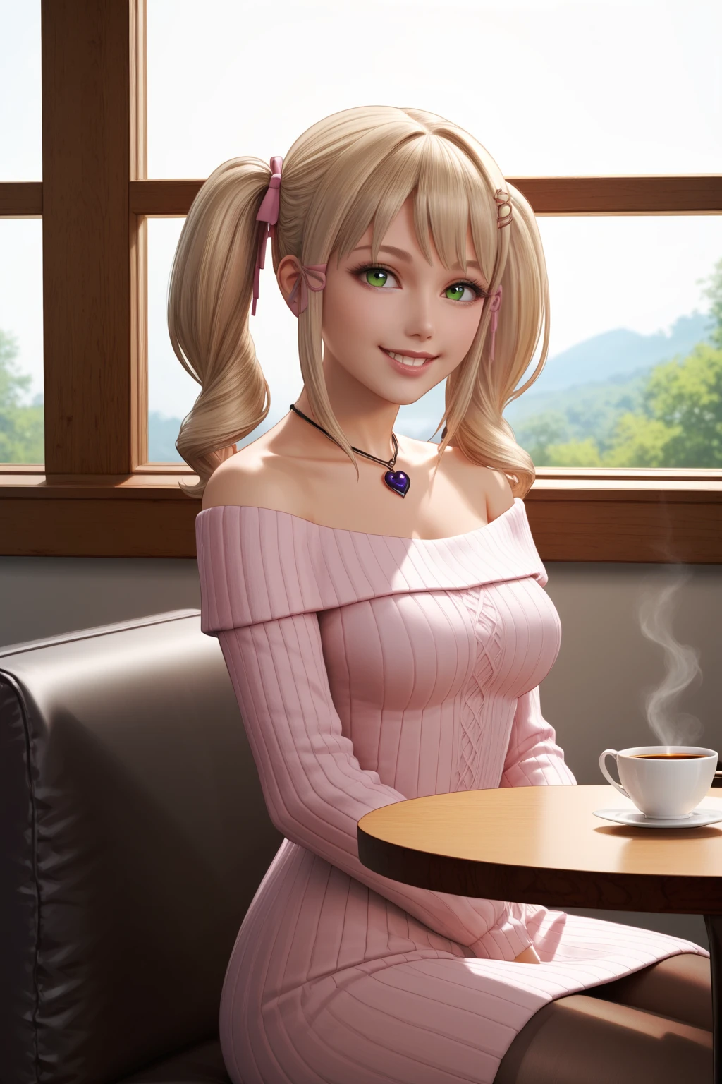 score_9, score_8_up, score_7_up, best quality, masterpiece, 4k, beautiful girl, slim, tonedvery aesthetic, BREAK realistic
<lora:Mina HarperPonyLora:0.9>Mina, twintails, dress, pantyhose, necklace, sitting in a cozy cafe holding a cup of tea, forest outside window, smile, dreamy, view from side