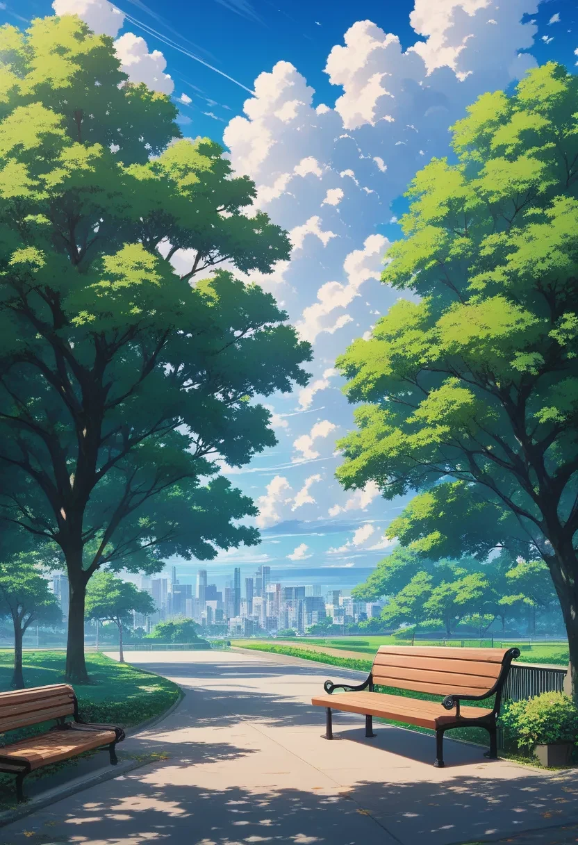 score_9, score_8_up, score_7_up, source_anime, rating_safe, scenery, outdoors, sky, cloud, summer day, trees, city park, bench, (no humans), very aesthetic, absurdres, detailed background, scr33nc@p, <lora:Pony_Diffusion_V6_Art_Style_-_AAM_XL_Screencap_V2:0.7>