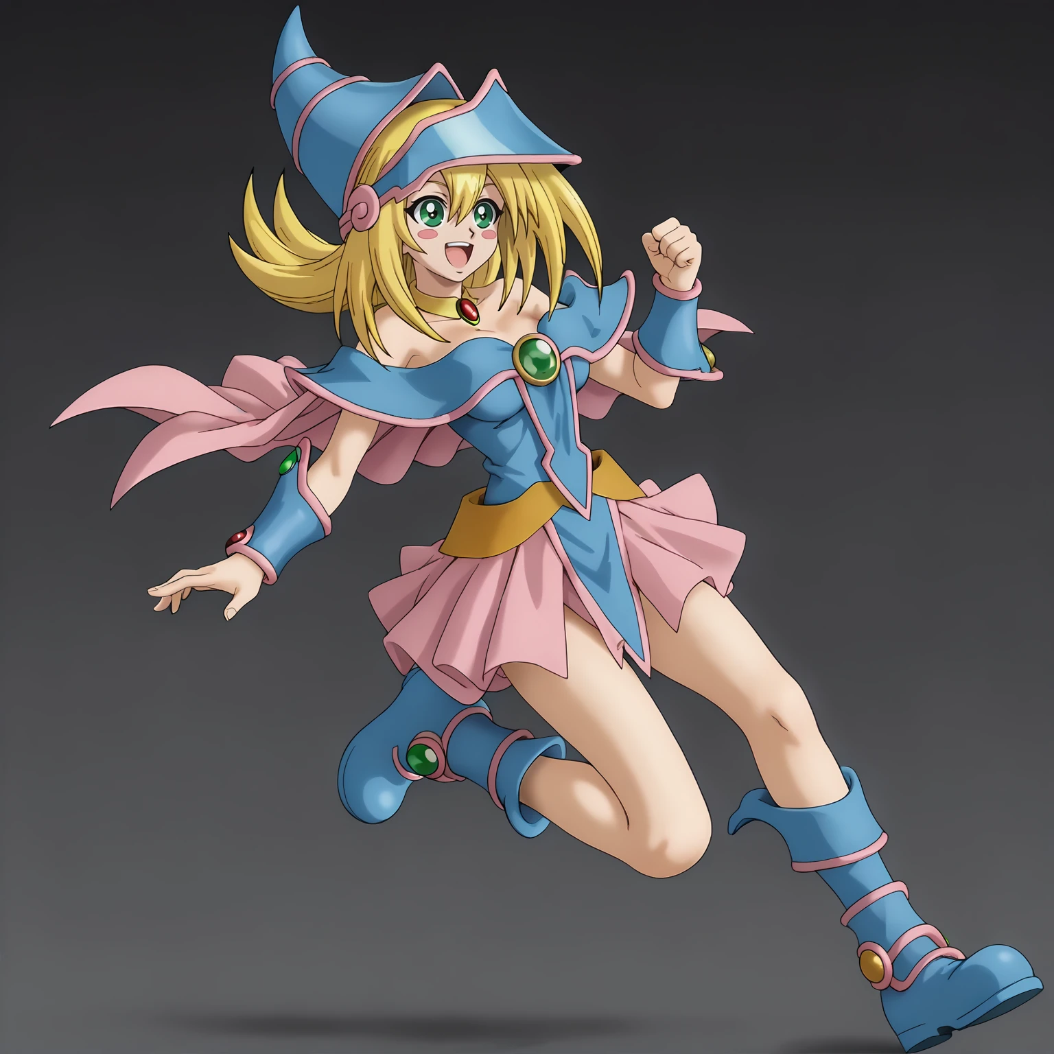 <lora:DarkMagicianGirlXLpony001>,
smile,open mouth,
solo,
DarkMagicianGirl,1girl,blonde hair,blush stickers,green eyes,
wizard hat,
choker,
bare shoulders,cleavage,capelet,dress,see-through,
pink skirt,
blue footwear,boots,
full body,running,