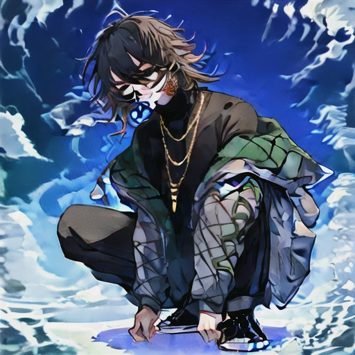 sunglasses, necklace, cigarette, earrings, squatting, sky, looking at viewer, smoking, black shirt, object hug, shoes, pants
