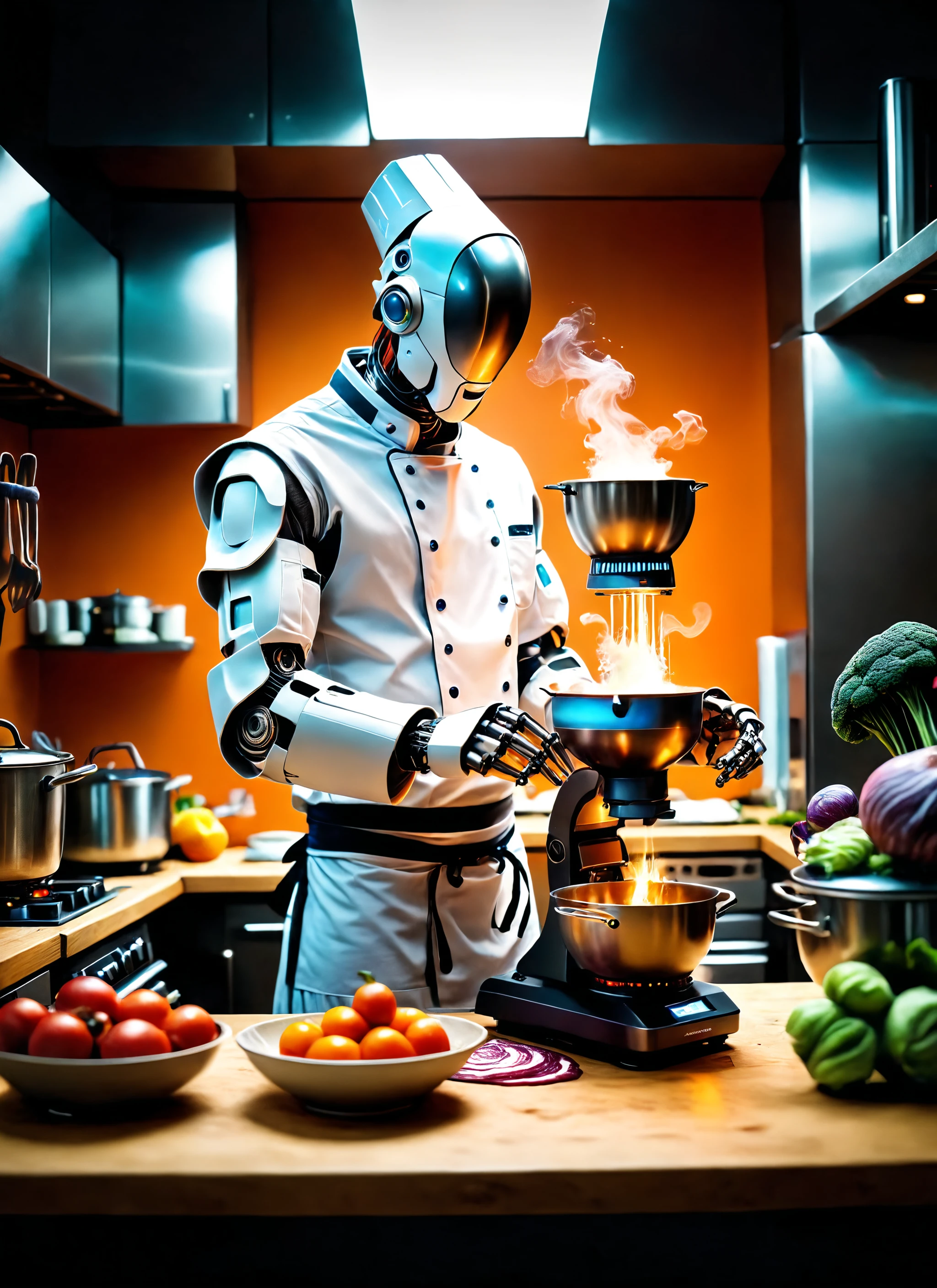 Medium format photography, (robot chef preparing intergalactic culinary delights:1.3), Dynamic composition, Busy kitchen scene, Precision movements, (Vibrant food creations:1.2), Futuristic cooking utensils, High-tech appliances, (Sensory fusion experience:1.2), Captured with a Hasselblad X1D II 50C, 80mm f/1.9 lens, Colorful ambiance, Culinary mastery <lora:Robot Head XL v1.0:1> robot_head