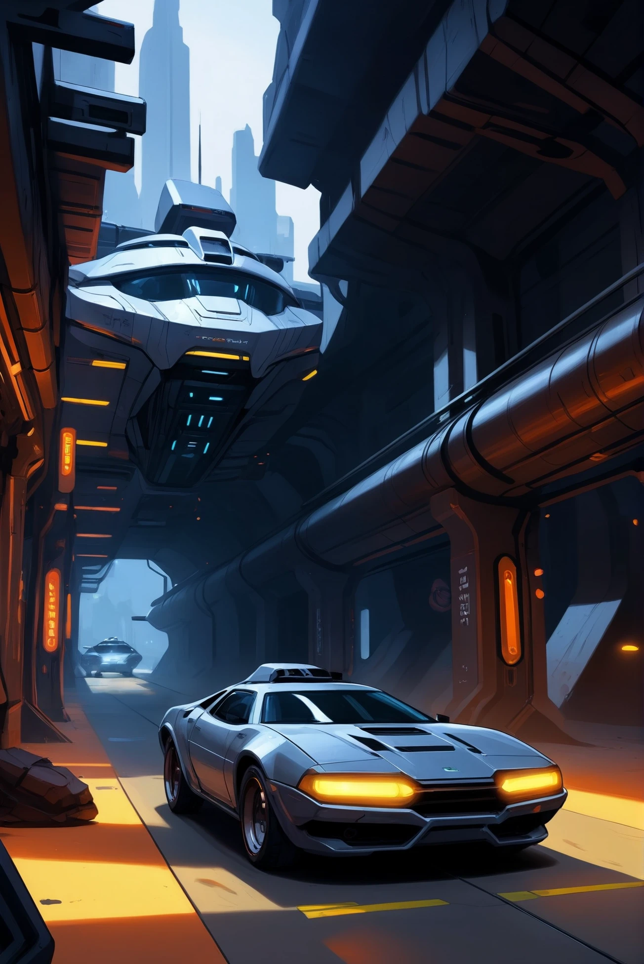 anime style digital painting, far future scifi, subterranean scifi town at the beginning of reality, A cybernetic car <lora:EnvyStarlightAnime07:1> <lora:EnvyHiresFixXL01:0:hr=1>