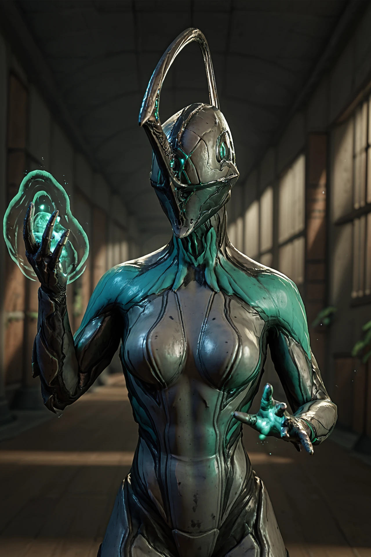 score_9, score_8_up, score_7_up, score_6_up, score_5_up, score_4_up, detailed background, science fiction, hallway, metal wall, solo, front view, 3d, upper body BREAK
<lora:NyxWF_PDXL_Xtra:0.7>, grey body, eyeless, mouthless, medium breasts, looking away, holding weapon, raised hand, magic user, cyan glow