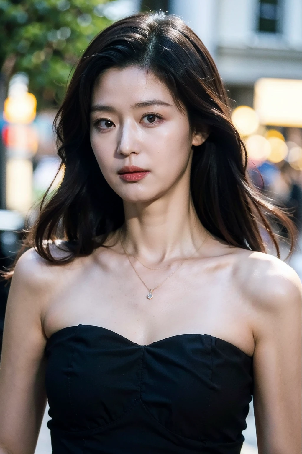 Best quality, masterpiece, ultra high res, (photorealistic), raw photo,1girl, skinny, upper body,solo, realistic, looking at viewer, long hair, bokeh background, city streets,brown eyes, black gothic sleveless dress,  <lora:makina69_junjihyun_v1.0:1>, necklace