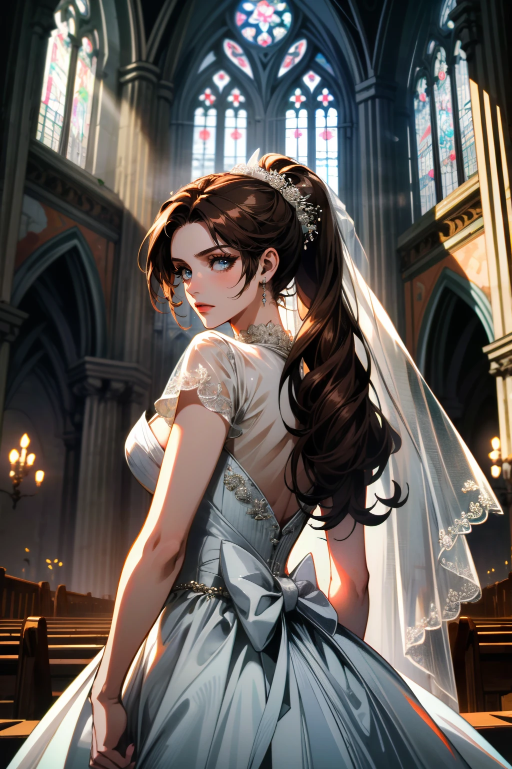 ((ultra detailed, masterpiece, absurdres))
<lora:RERClaire:0.8>
RERClaire, 1girl, brown hair, blue eyes, ponytail, long hair, looking at viewer, wearing a wedding dress, bridal veil, inside a church