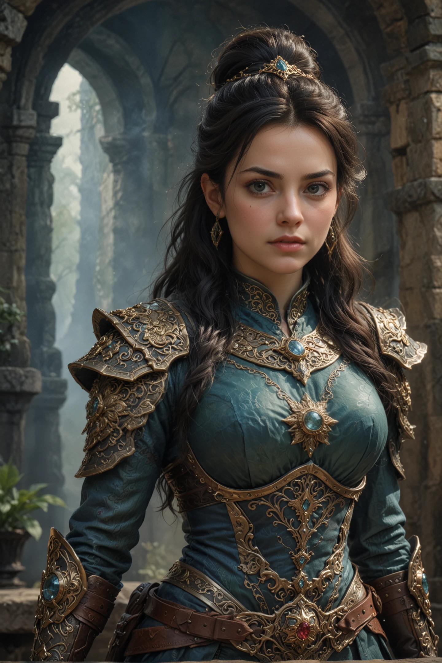 D&D style portrait, fantasy, digital art, In a world of fantasy, a fierce figure frock coated in an armored frock coat and goggles stands before you. The female dwarf's fur is painted in shades of blue and green, and a thick layer of black hair takes shape. natural lighting, Ambrotype, detailed face